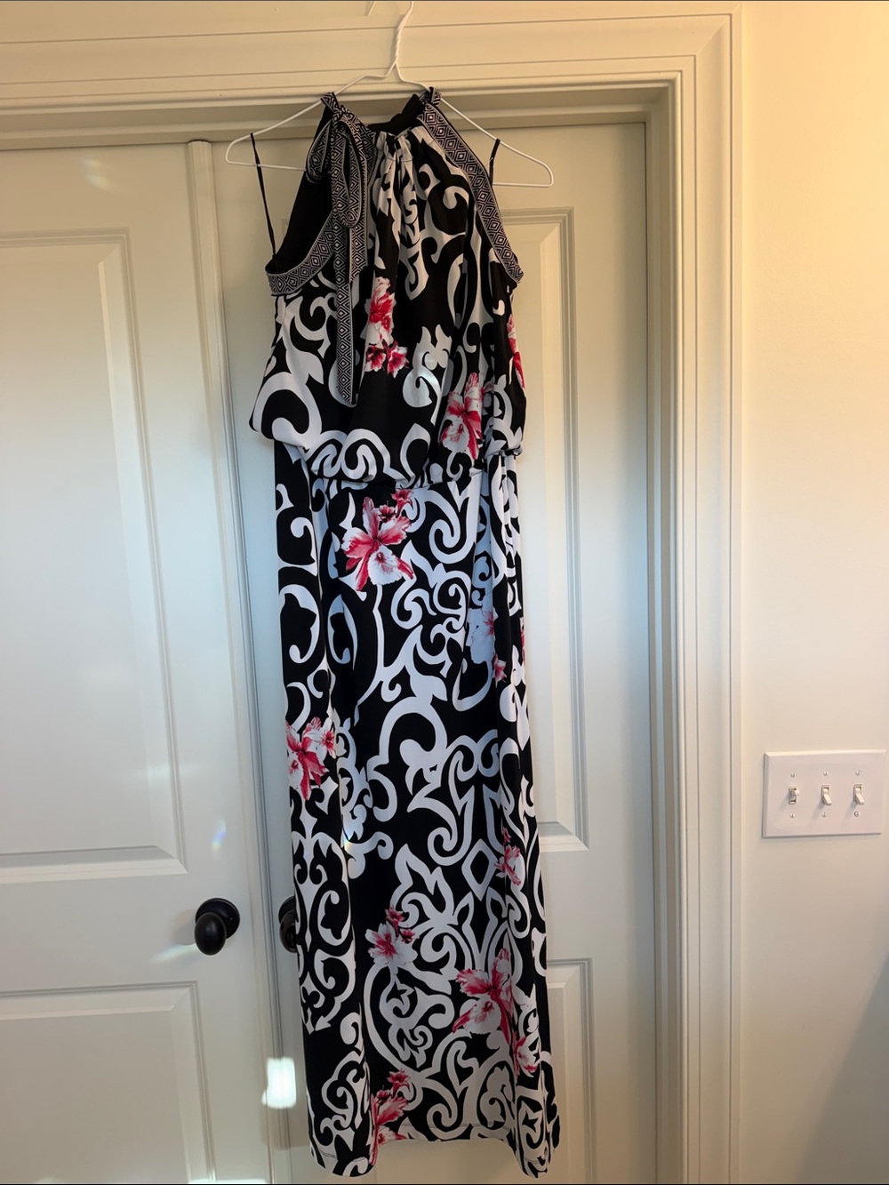 White House Black Market Black & White Halter Maxi Dress with Pink Floral